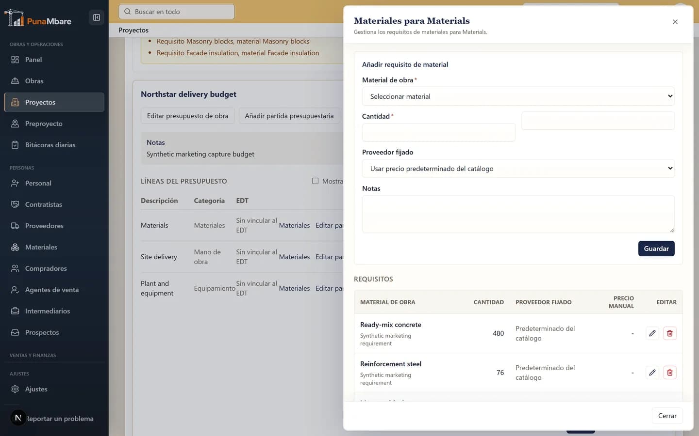 Lista de materiales en PunaMbare