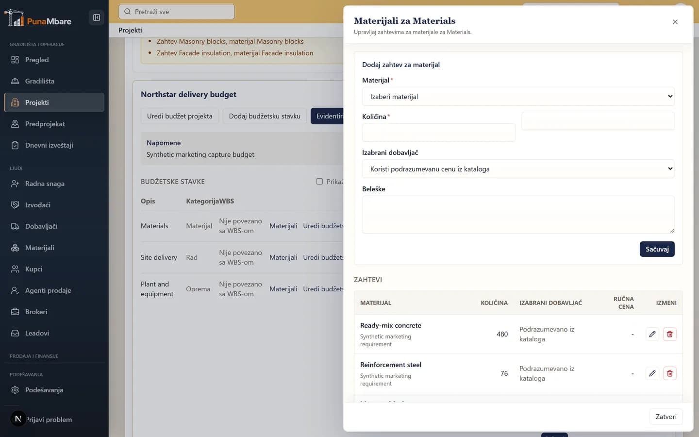 Lista materijala u PunaMbare