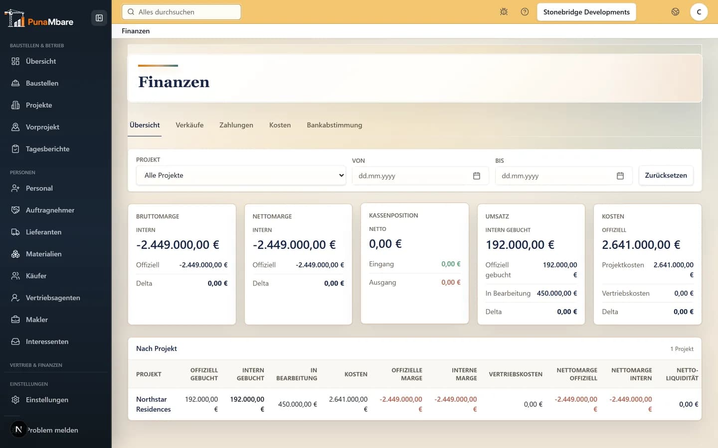 Projektkosten- und Finanzübersicht in PunaMbare