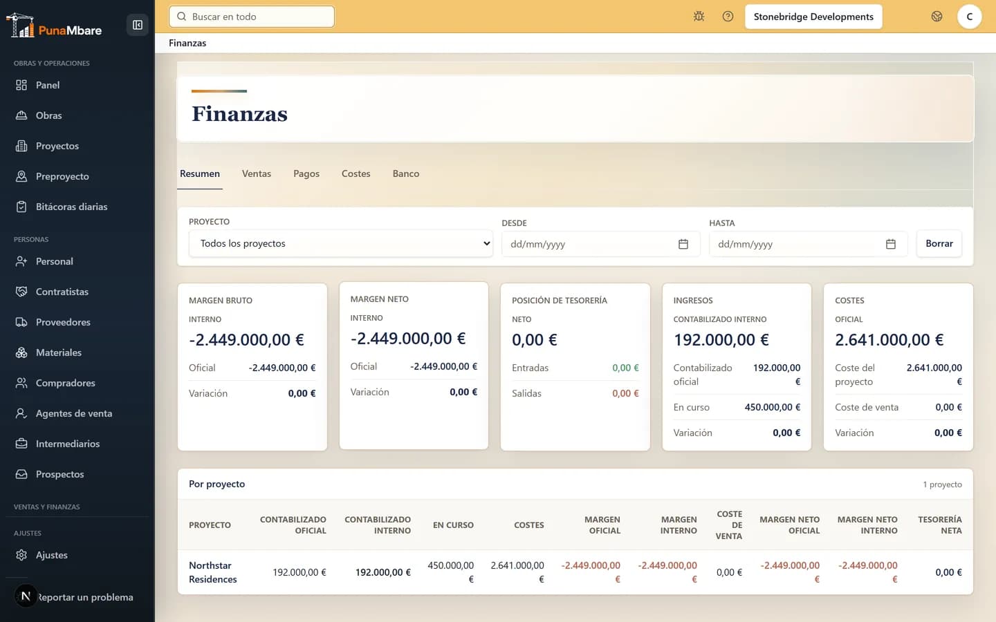 Vista de costes y finanzas del proyecto en PunaMbare