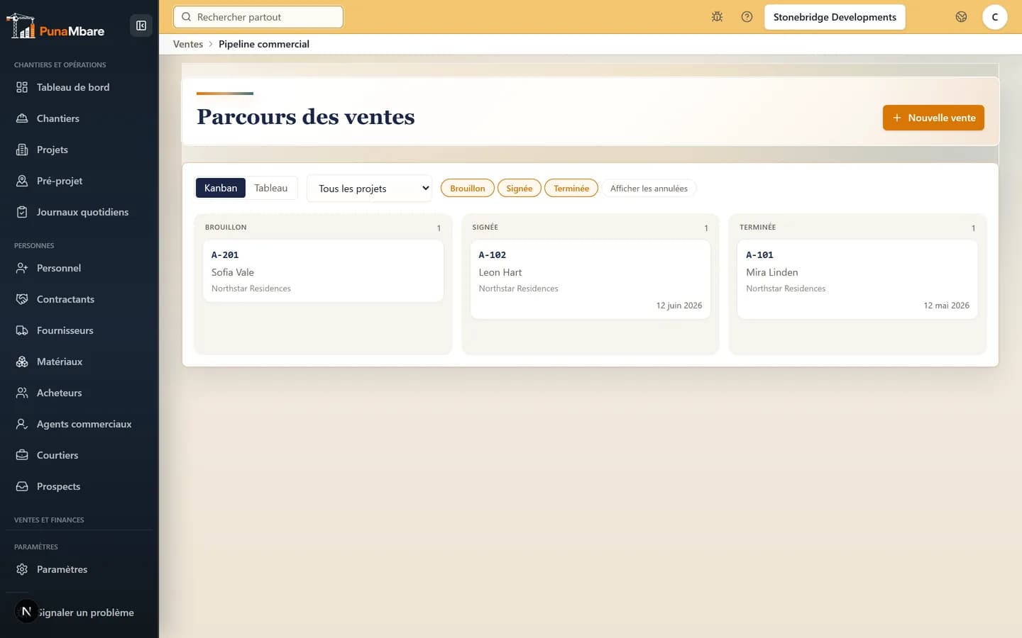 Pipeline acheteurs et ventes dans PunaMbare